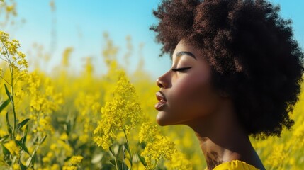 A woman with curly hair is standing in a field of yellow flowers