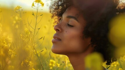 A woman with curly hair is standing in a field of yellow flowers