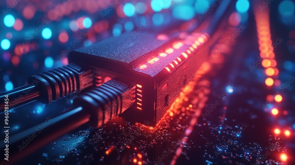 Poster close-up of a black network switch with glowing red lights and two ethernet cables plugged in, again