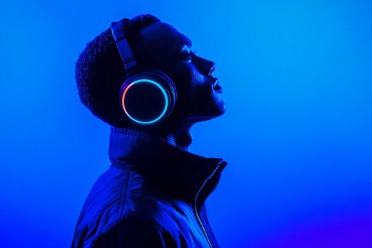Sophisticated Man in Black Headphones with Solid Neon Blue Highlights, Captured in a Fashionable Lifestyle Portrait