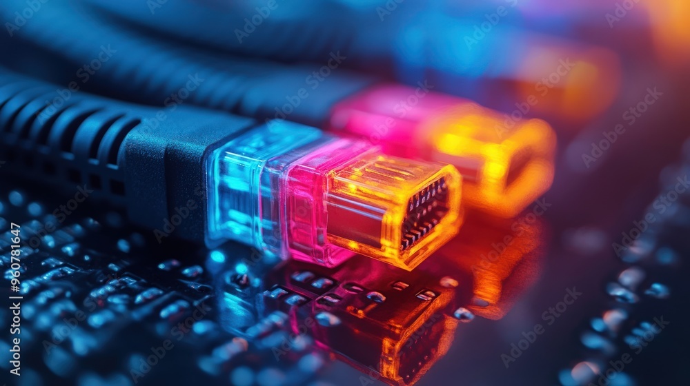 Poster close-up of ethernet cables connected to a circuit board with neon lighting.