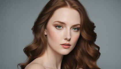 Naklejka premium Indoor Photoshoot of a Girl with Long Wavy Hair Against a Plain Background