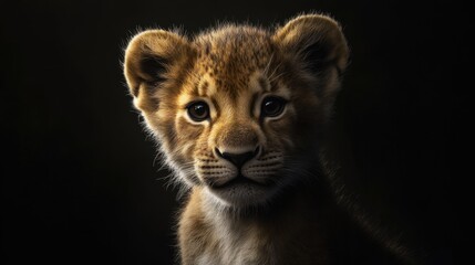 A baby lion cub is staring at the camera