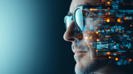 Minimalist depiction of an engineer in technology with a serene expression professional portrait against a softly faded background in a construction or design environment with ample copy space for tex