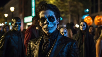 Fototapeta premium Halloween street event featuring spooky skeleton costumes with eerie face paint under night lights