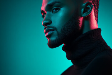 Modern Man Sporting Black Turtleneck with Solid Neon Aqua in a Trendy Lifestyle Portrait