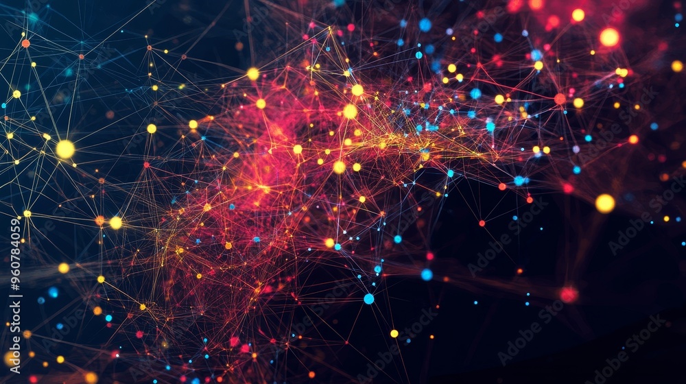 Poster abstract representation of interconnected data points illustrating a vibrant network during night ho