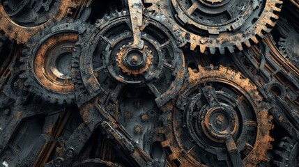 Fototapeta premium Close-up of interlocking gears and cogs showcasing intricate mechanical design in an industrial setting during daylight hours