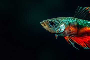 Fototapeta premium Mystic portrait of Metal Guppy Fish, copy space on right side, Close-up View, isolated on black background