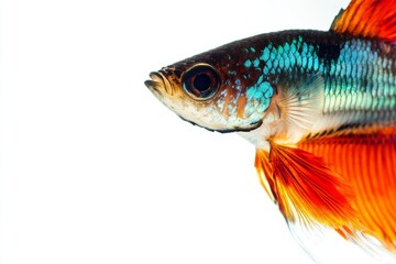 Fototapeta premium Mystic portrait of Metal Guppy Fish in studio, copy space on right side, Close-up View, isolated on white background