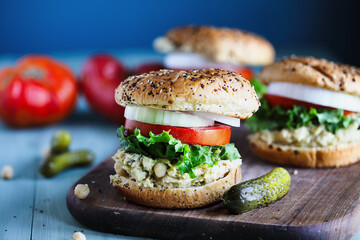 A vegan vegetarian sandwich made with chickpea spread, lettuce, slices of tomatoes and onions with pickles on the side over everything bagel seasoned buns. Selective focus with blurred background.