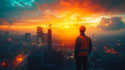 Fototapeta premium Minimalist depiction of an engineer in technology with a serene expression professional portrait against a softly faded background in a construction or design environment with ample copy space for tex