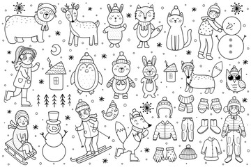Obraz premium Black and white cute winter characters collection. Christmas animals and kids in winter clothes set in outline. Bear, reindeer, fox, rabbit and other elements. Vector illustration