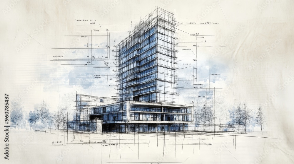 Poster modern architectural blueprint of a multi-story building in an urban setting showcasing innovative d