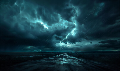 Fototapeta premium Thunderous Sky: A Dramatic Thunderstorm Over a Serene Rural Setting