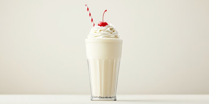 A 3D single icon of a classic vanilla milkshake with whipped cream and a cherry on top, served in a vintage-style glass with a clean and nostalgic design