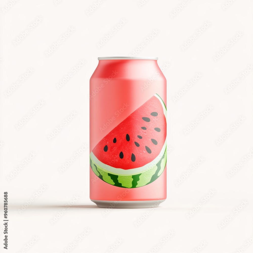 Poster a 3d single icon of a cold watermelon soda in a can with a watermelon slice design, rendered with a 