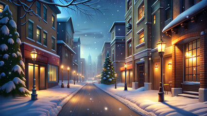 Charming snow-covered street scene during winter with decorative lights and a Christmas tree, festive ambiance