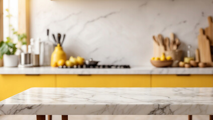 The empty white marble table top with blur background of yellow kitchen. For product display
