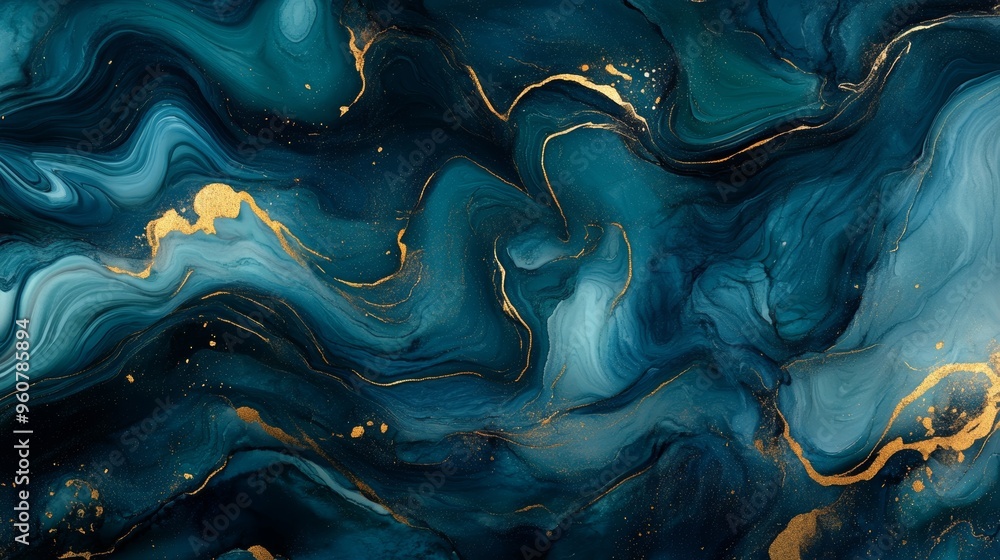 Poster abstract blue and gold swirling patterns resembling ocean waves captured in a fluid art technique