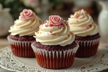 Three red velvet cupcakes with cream cheese frosting and pink sugar roses on a white plate.