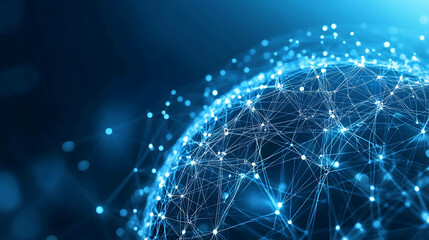 Abstract blue glowing network of connected lines and nodes.