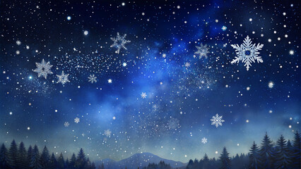 Starry night sky adorned with snowflakes and shimmering stars, tranquil winter atmosphere, enchanting scenery