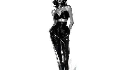 A fashion illustration of a woman in a black top and high-waisted pants.