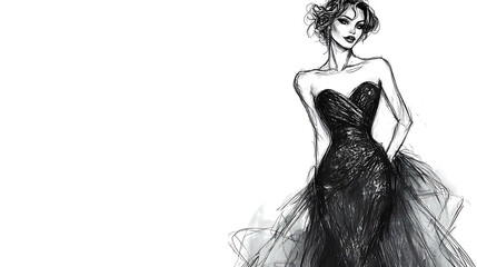 Fototapeta premium A black and white sketch of a woman wearing a long black gown.