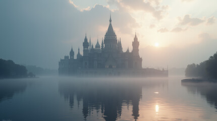 Fototapeta premium Misty Castle Reflecting in Calm Lake at Sunrise