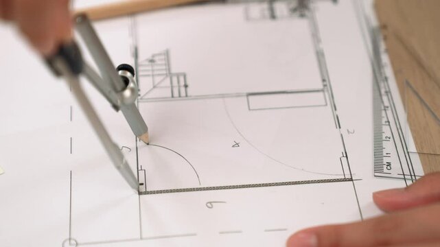Video of clever architect or safety engineer using divider tool and hand writing design a detail on blueprint for construction accuracy at architectural office. Focus on hand. Closeup. Delineation.