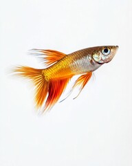 Fototapeta premium the Fantail Guppy fish, portrait view, white copy space on right, Isolated on white Background