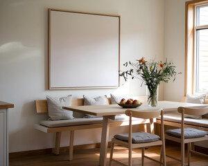 Cozy Kitchen Dining Area with Light Wood Framed Canvas and Wooden Bench