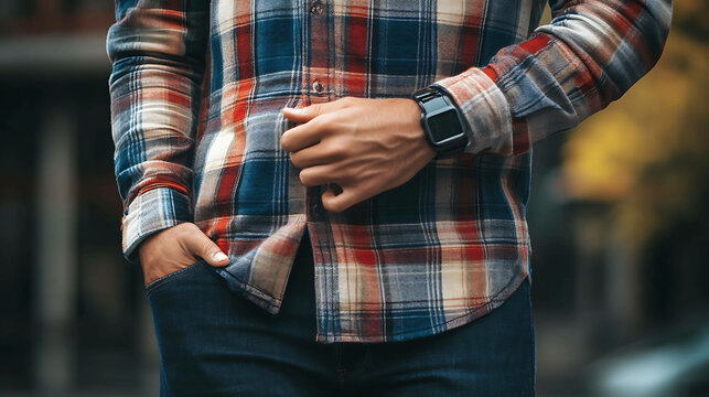 Close up of a man's hand adjusting his plaid shirt, with a smart watch on his wrist.