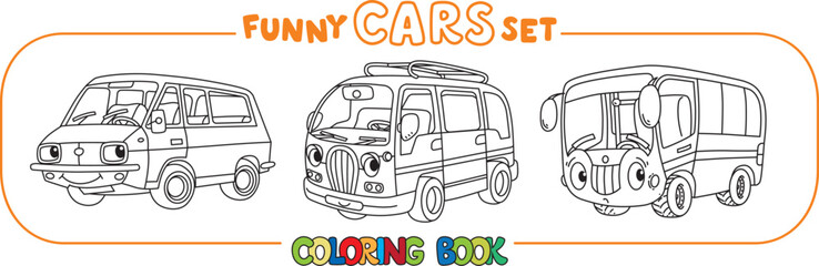 Funny vintage buses with eyes. Coloring book set