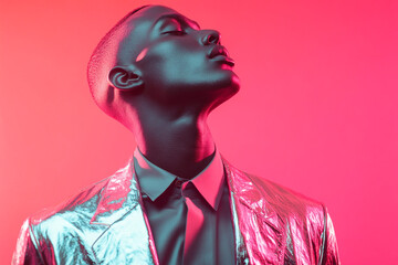 Elegant Man Sporting Metallic Silver Suit with Solid Neon Pink Accents, Shown in a Trendy Lifestyle Portrait