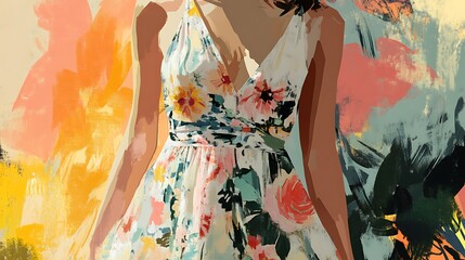 Fototapeta premium Abstract painting of a woman in a floral dress.