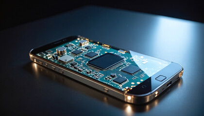 Illustrative fictional representation of a transparent cell phone shows the technology, circuit paths and microprocessors inside