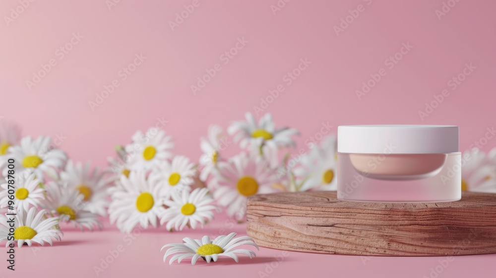 Poster Mockup of cosmetic product on wooden podium with white daisy flowers on pink background