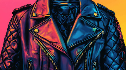 Close-up of a vibrant, colorful leather jacket with a zipper.