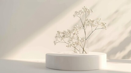 Obraz premium Minimal white podium with gypsophila flowers on light grey backdrop for product showcase in beauty ad mockup.