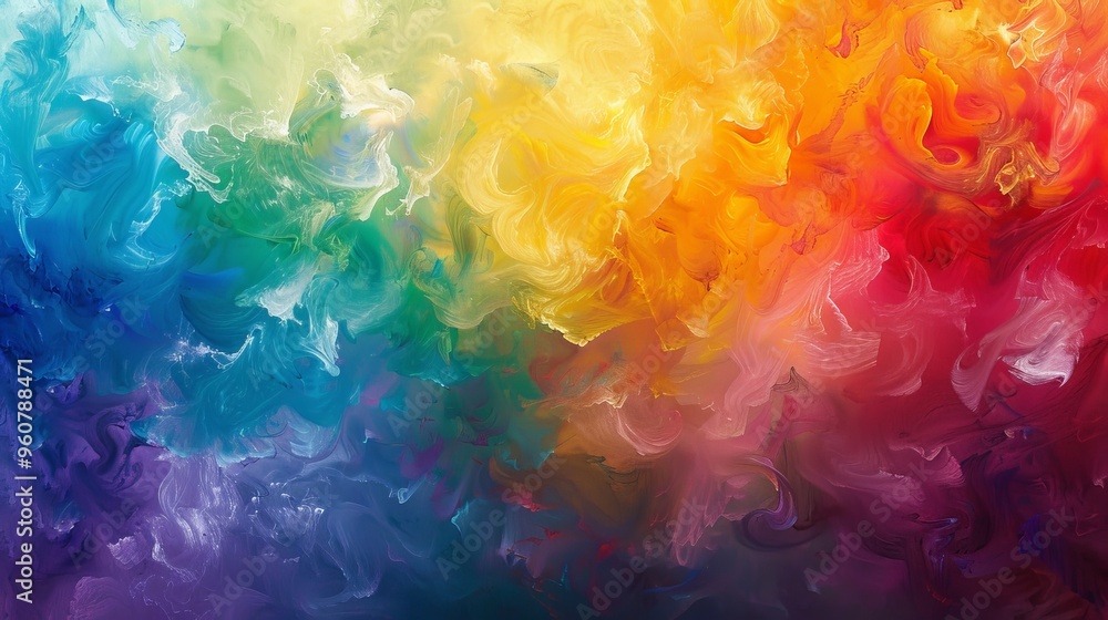 Poster vibrant abstract artwork featuring a colorful gradient blending multiple hues in a soft, ethereal de