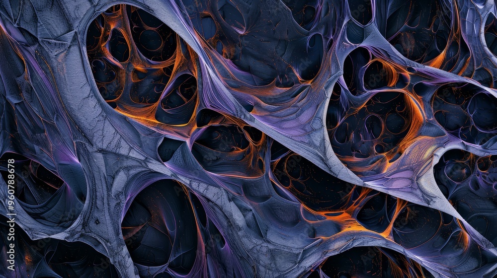 Poster abstract close-up of intricate, textured patterns with glowing orange elements against a dark backdr