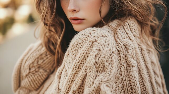 A close up of a woman wearing a knitted sweater.
