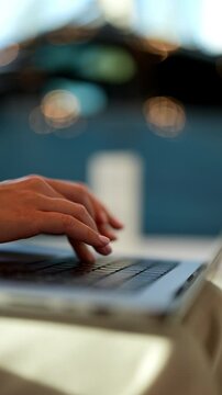 Cropped shot of female programmer writing code on laptop. Closeup of professional developer creating applications and websites, showcasing skills in software engineering and web development, slowmo.