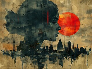 Silhouette of a Woman Against a Cityscape with a Red Sun