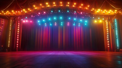 Whimsical circus stage featuring bright, multicolored lighting and decorations