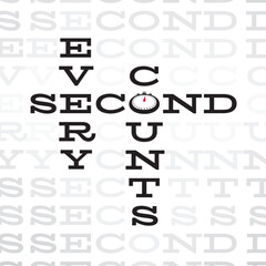 Motivational Style Concept with Every Secon Counts Lettering Combined with Stopwatch and Composed as Crossword Puzzle - Black on Light Background - Flat Graphic Design