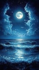 Fototapeta premium Full moon shining over the ocean at night with clouds and stars.
