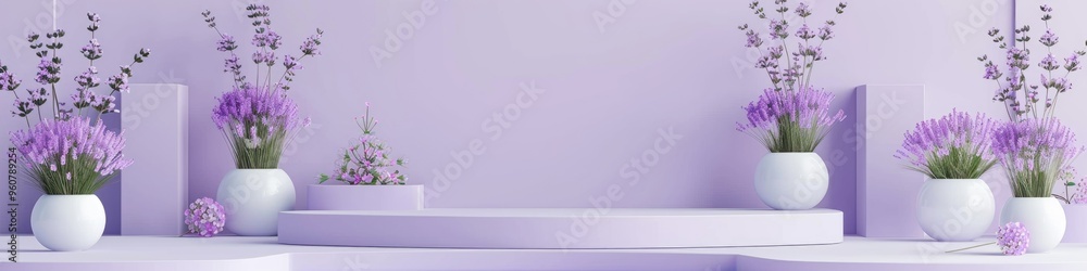 Poster Elegant white platforms adorned with lavender flowers set against a soft purple background, offering ample open space for product displays in a front view composition.